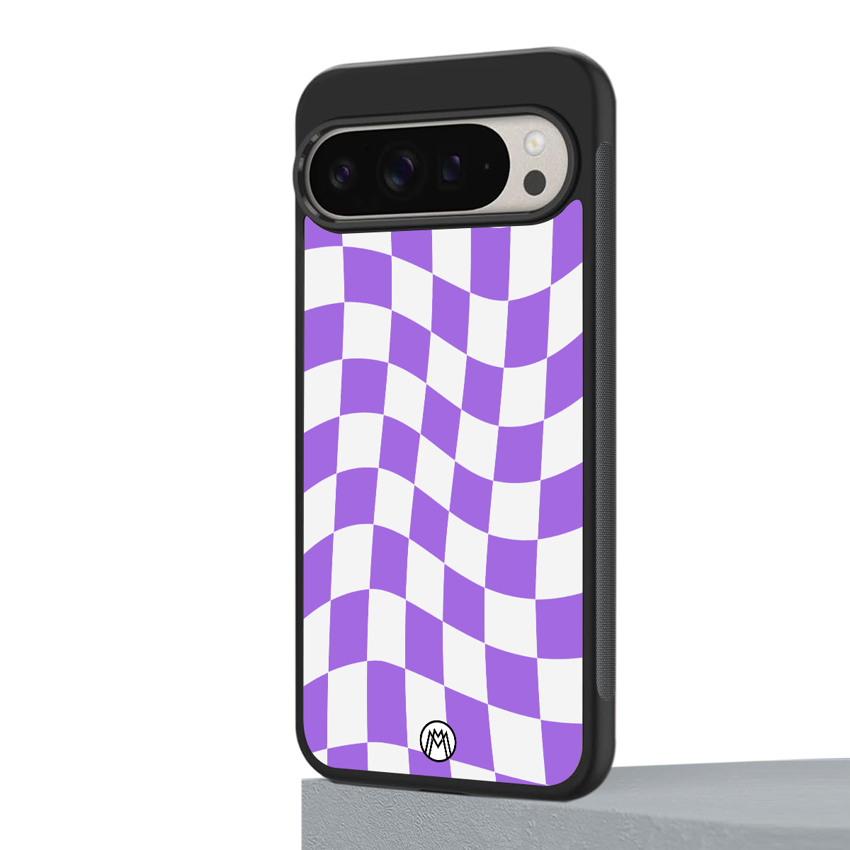 purple white trippy check pattern back phone cover | glass case for google pixel 9 pro