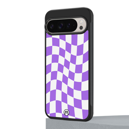 purple white trippy check pattern back phone cover | glass case for google pixel 9 pro xl