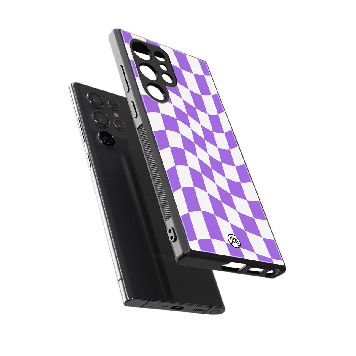 purple white trippy check pattern back phone cover | glass case for samsung galaxy s23 ultra
