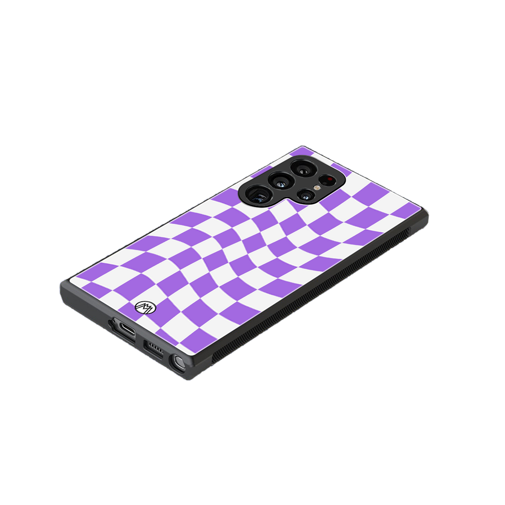 purple white trippy check pattern back phone cover | glass case for samsung galaxy s23 ultra