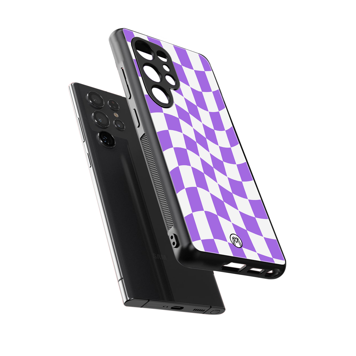 purple white trippy check pattern back phone cover | glass case for samsung galaxy s25 ultra