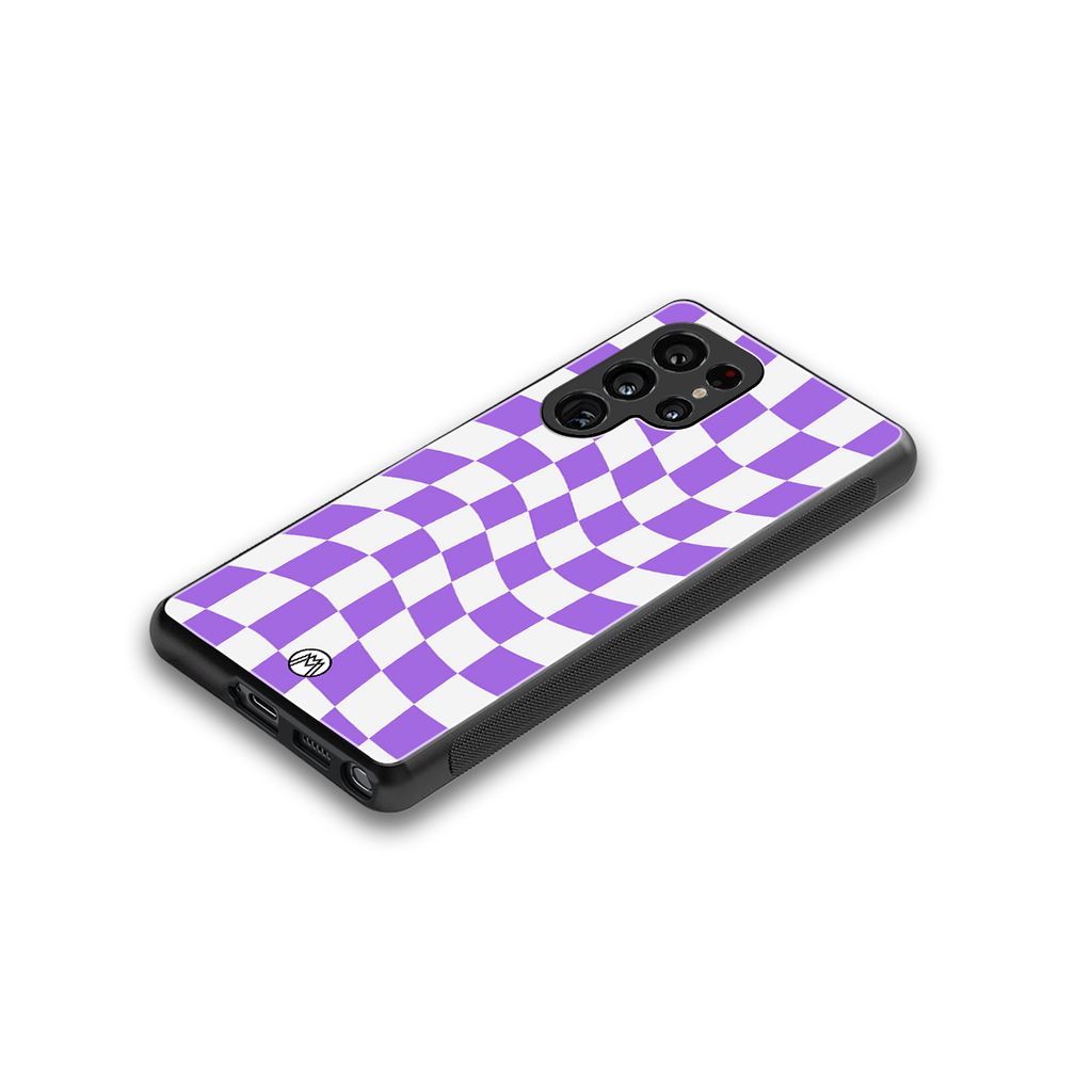 purple white trippy check pattern back phone cover | glass case for samsung galaxy s25 ultra