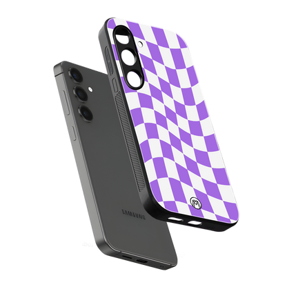 purple white trippy check pattern back phone cover | glass case for samsung galaxy s24 fe