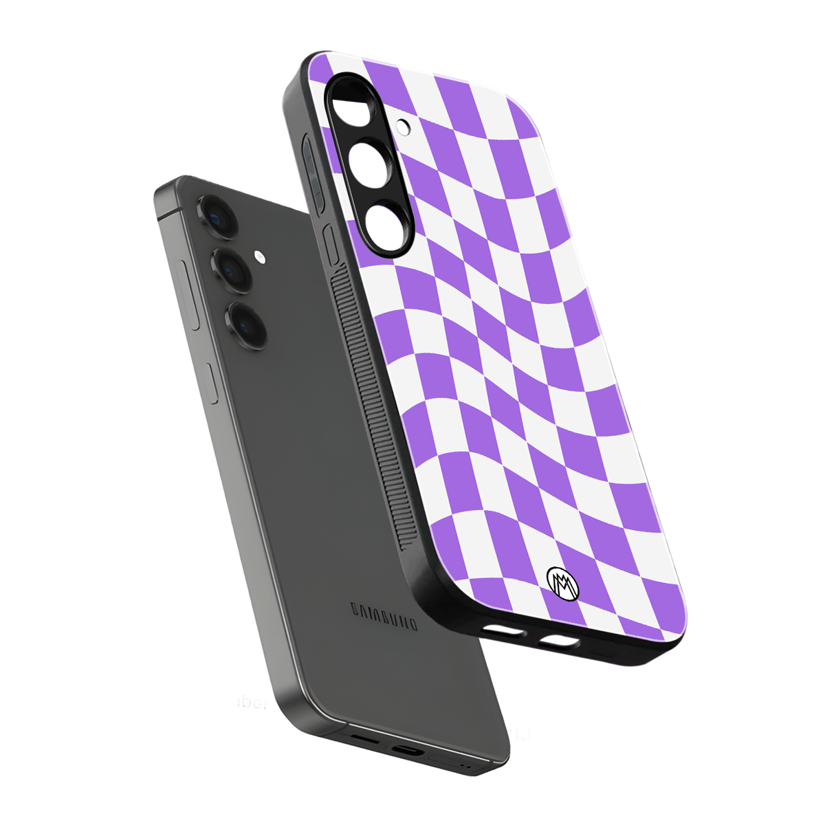 purple white trippy check pattern back phone cover | glass case for samsung galaxy s25 plus