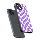 purple white trippy check pattern back phone cover | glass case for iphone 15