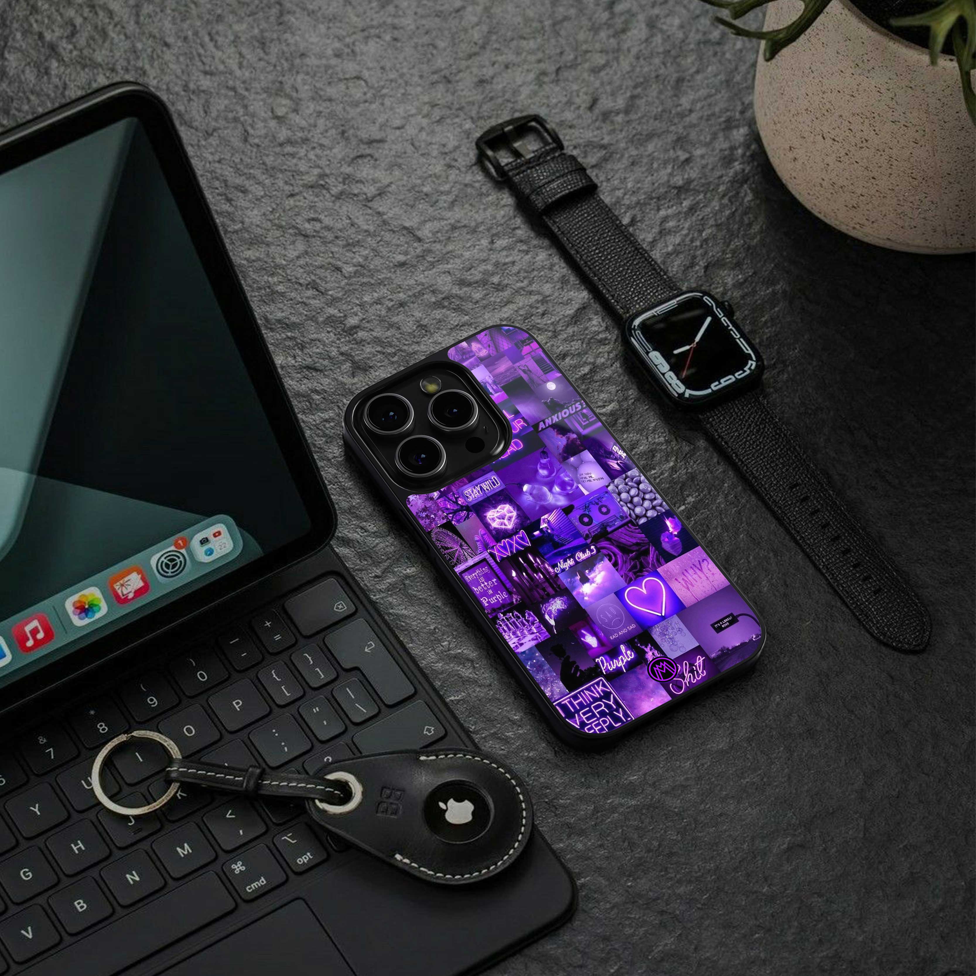 purple collage aesthetic back phone cover | glass case for iphone 14 plus