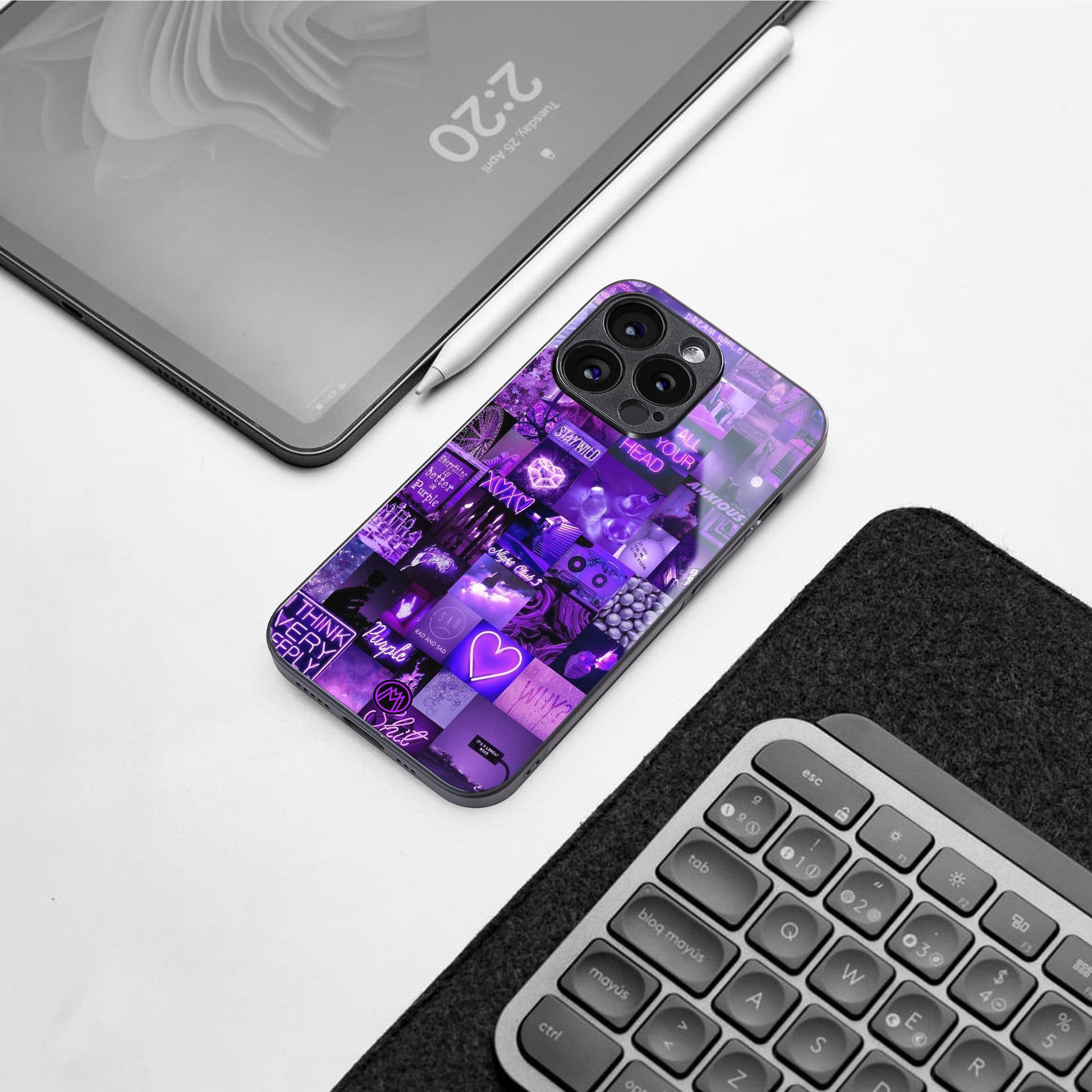 purple collage aesthetic back phone cover | glass case for iphone 16 pro max