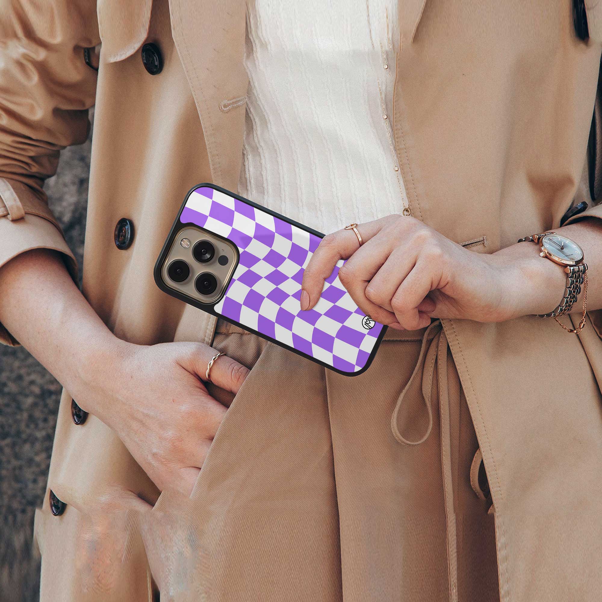 purple white trippy check pattern back phone cover | glass case for nothing phone 2