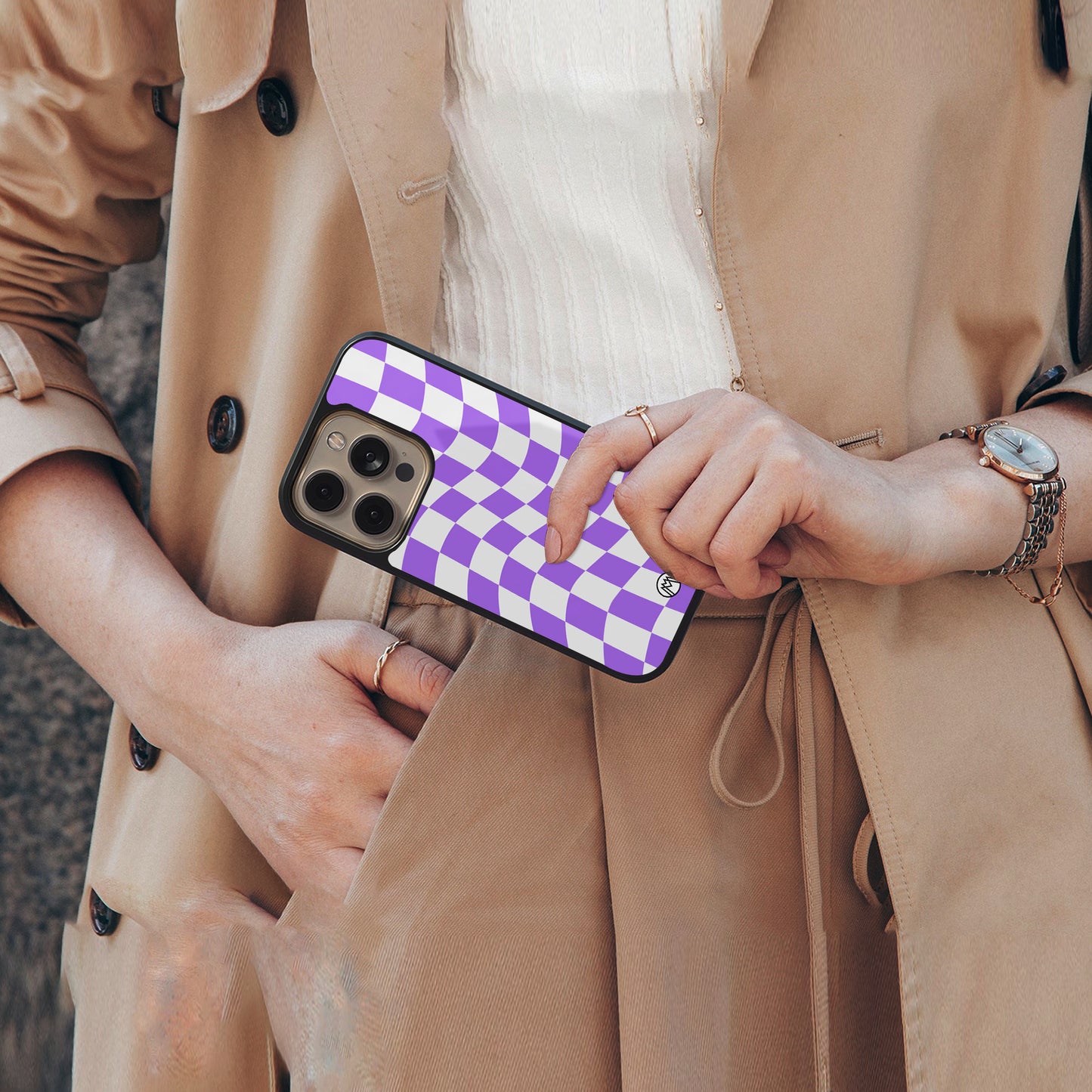 purple white trippy check pattern back phone cover | glass case for iphone 15 pro