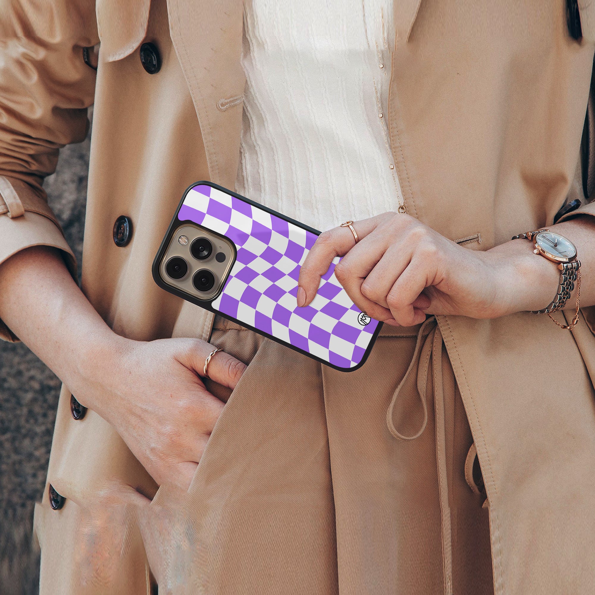 purple white trippy check pattern back phone cover | glass case for iphone 16 pro max