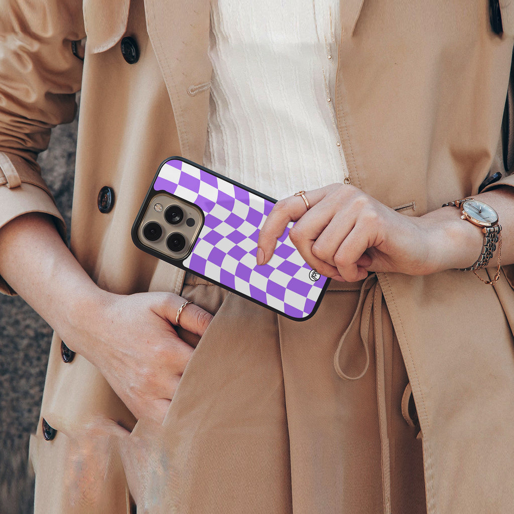 purple white trippy check pattern back phone cover | glass case for iphone 16