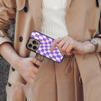 purple white trippy check pattern back phone cover | glass case for iphone 16