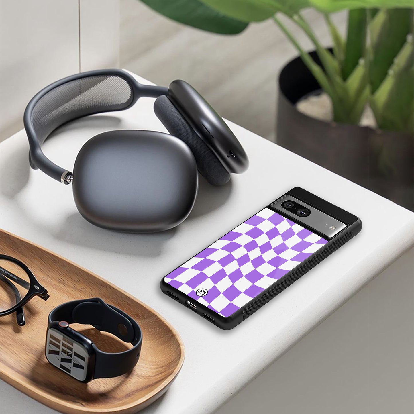 purple white trippy check pattern back phone cover | glass case for iphone 16 pro