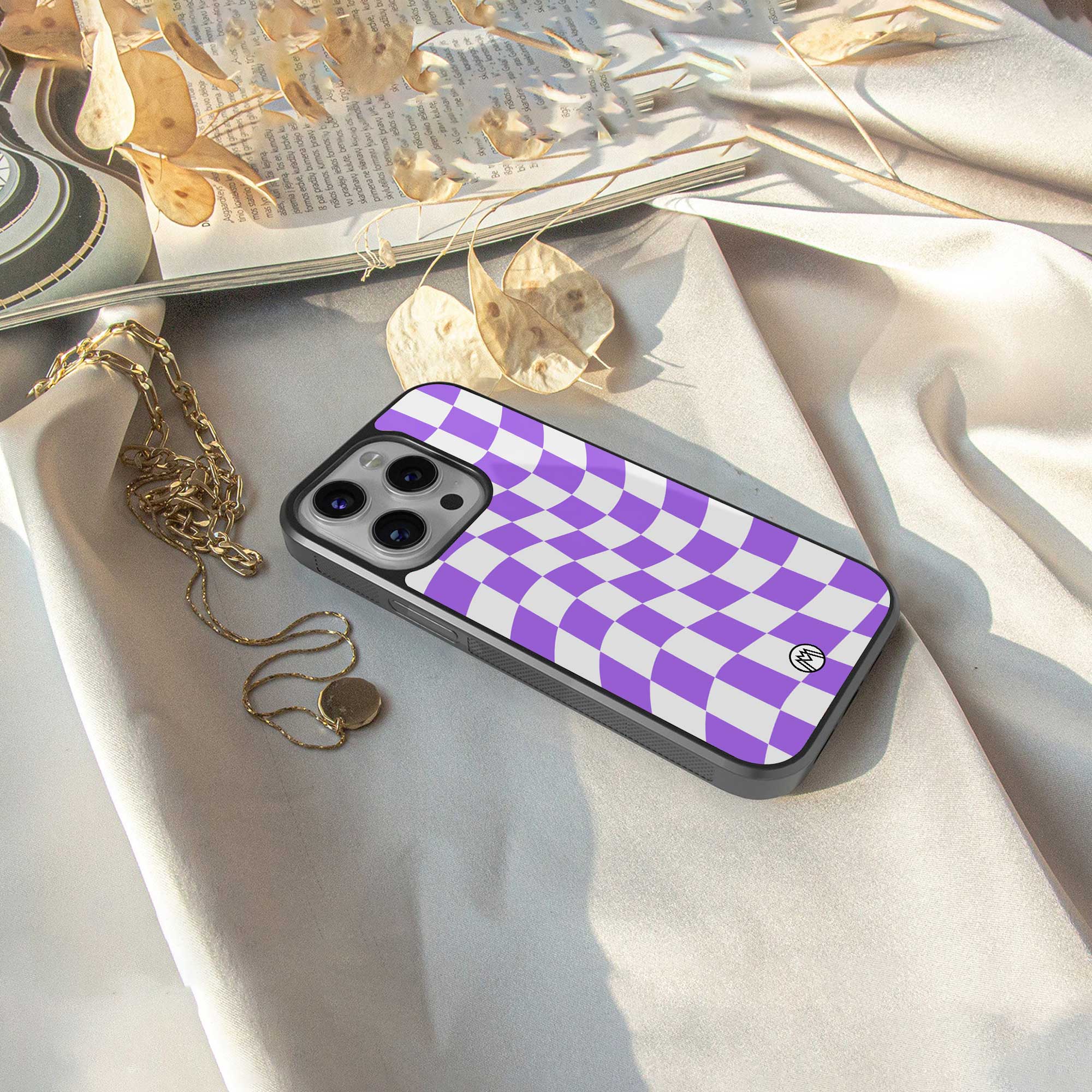 purple white trippy check pattern back phone cover | glass case for google pixel 7 pro