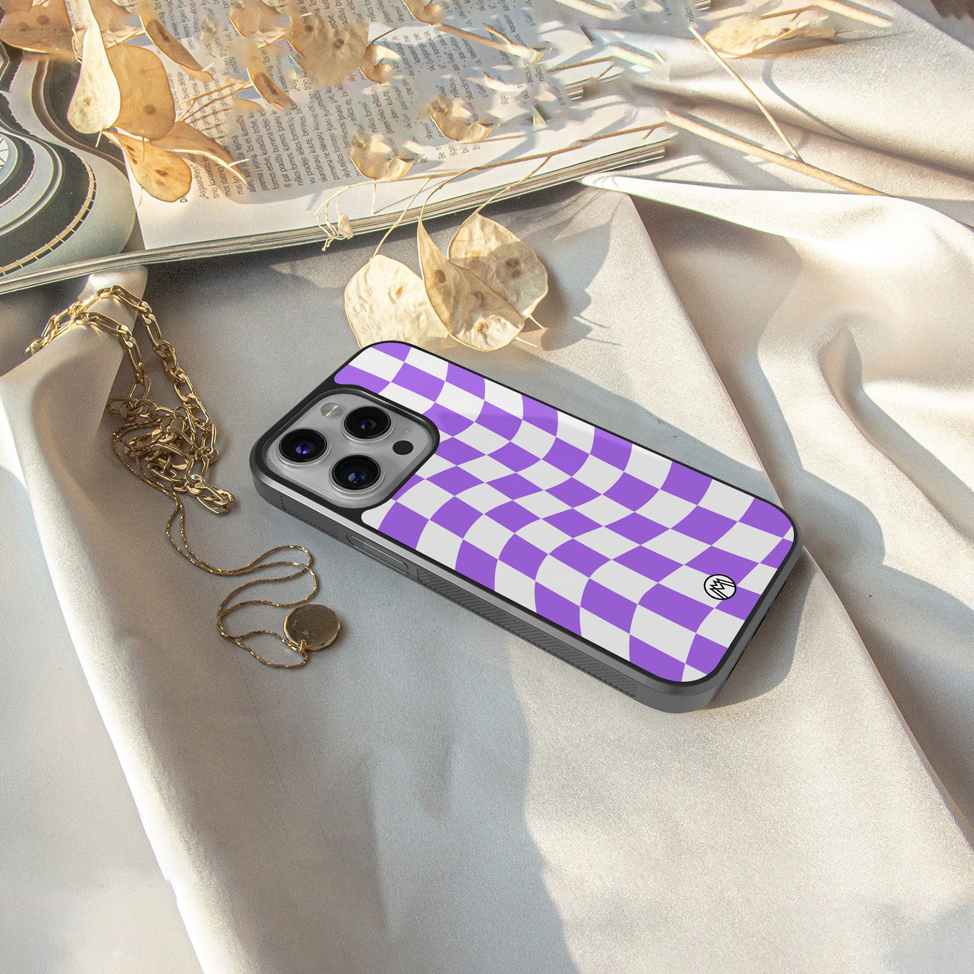 purple white trippy check pattern back phone cover | glass case for iphone 16 plus