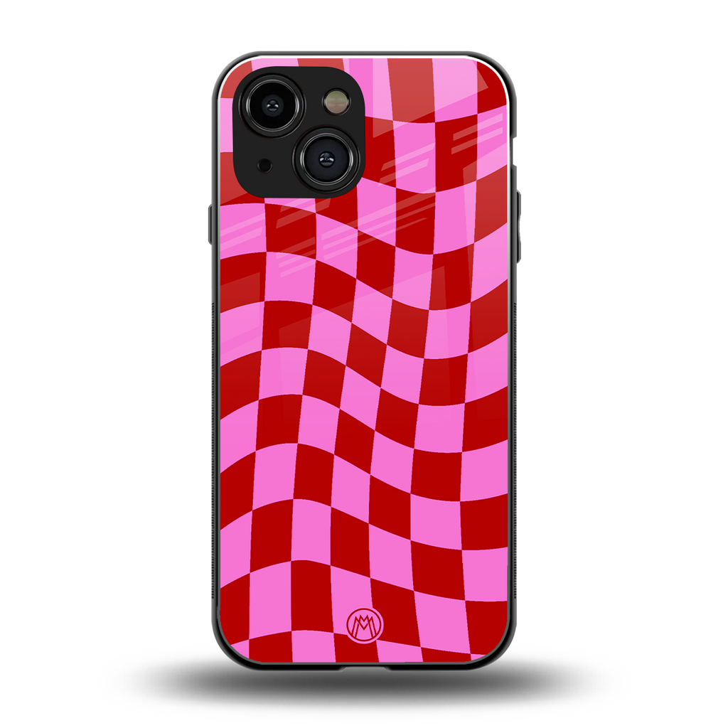 red pink trippy check pattern back phone cover | glass case for iphone 13 mini