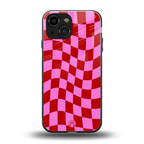 red pink trippy check pattern back phone cover | glass case for iphone 13 mini