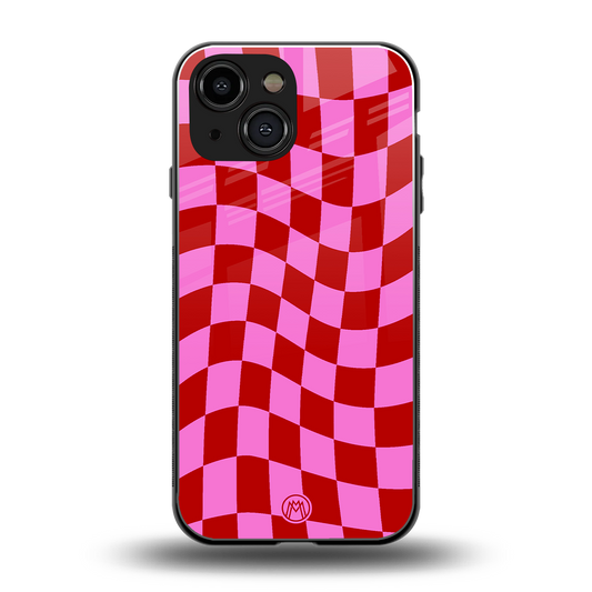 red pink trippy check pattern back phone cover | glass case for iphone 13 mini