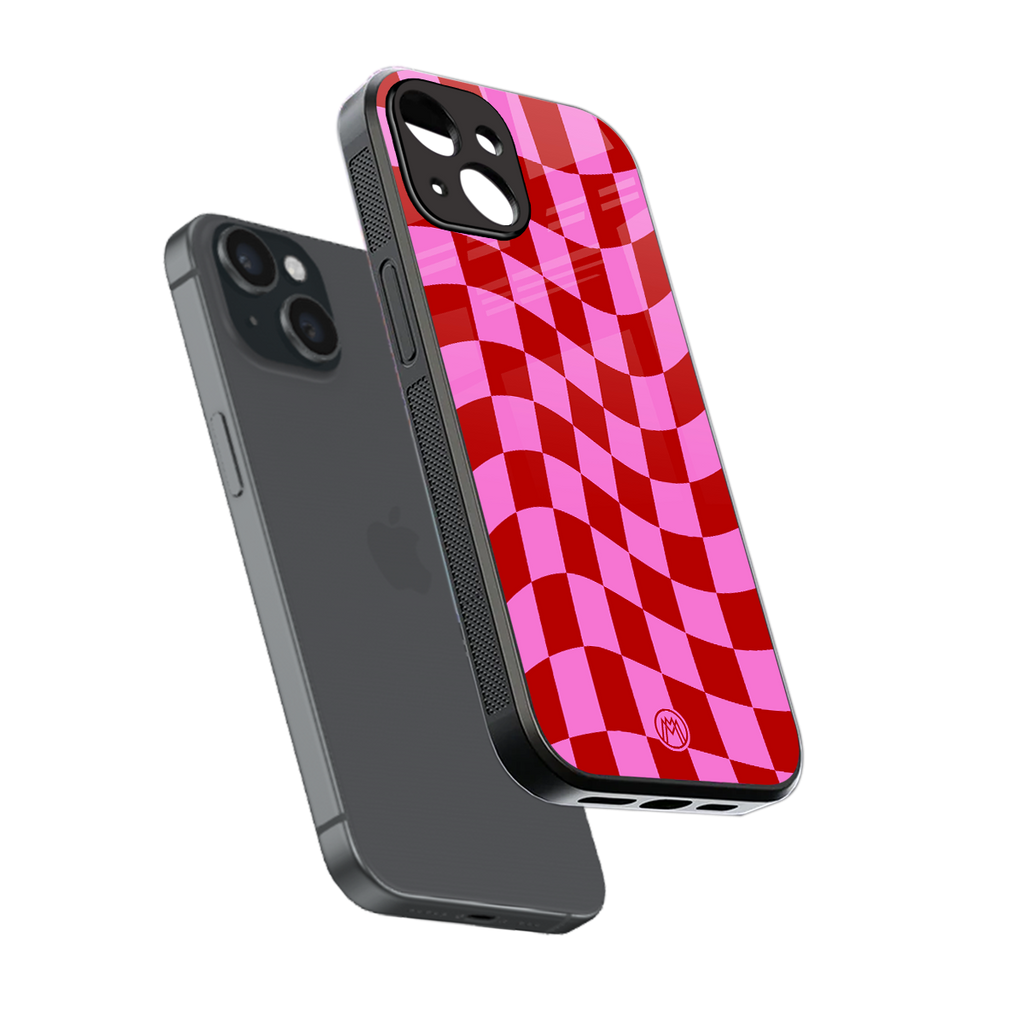 red pink trippy check pattern back phone cover | glass case for iphone 13 mini