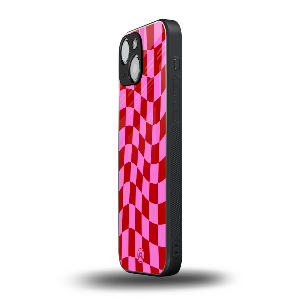 red pink trippy check pattern back phone cover | glass case for iphone 13 mini