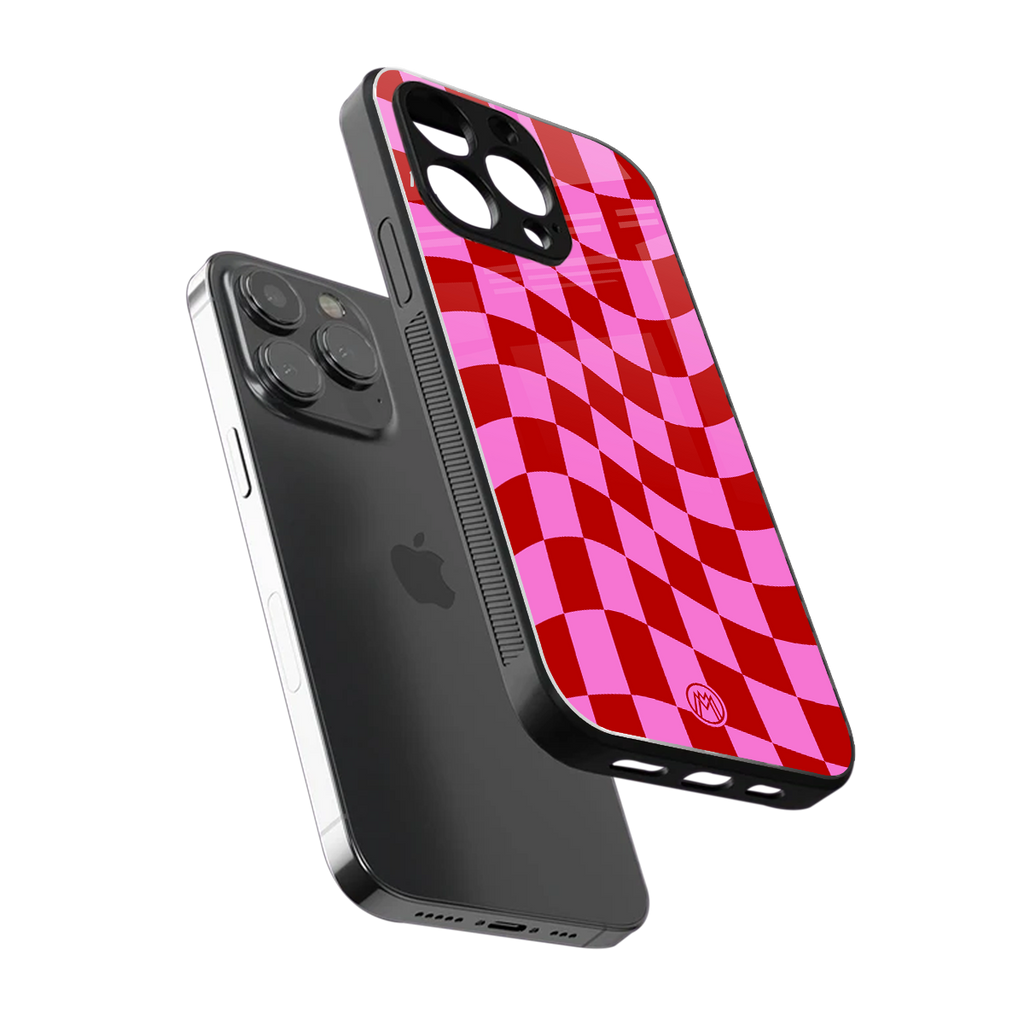 red pink trippy check pattern back phone cover | glass case for iphone 13 pro