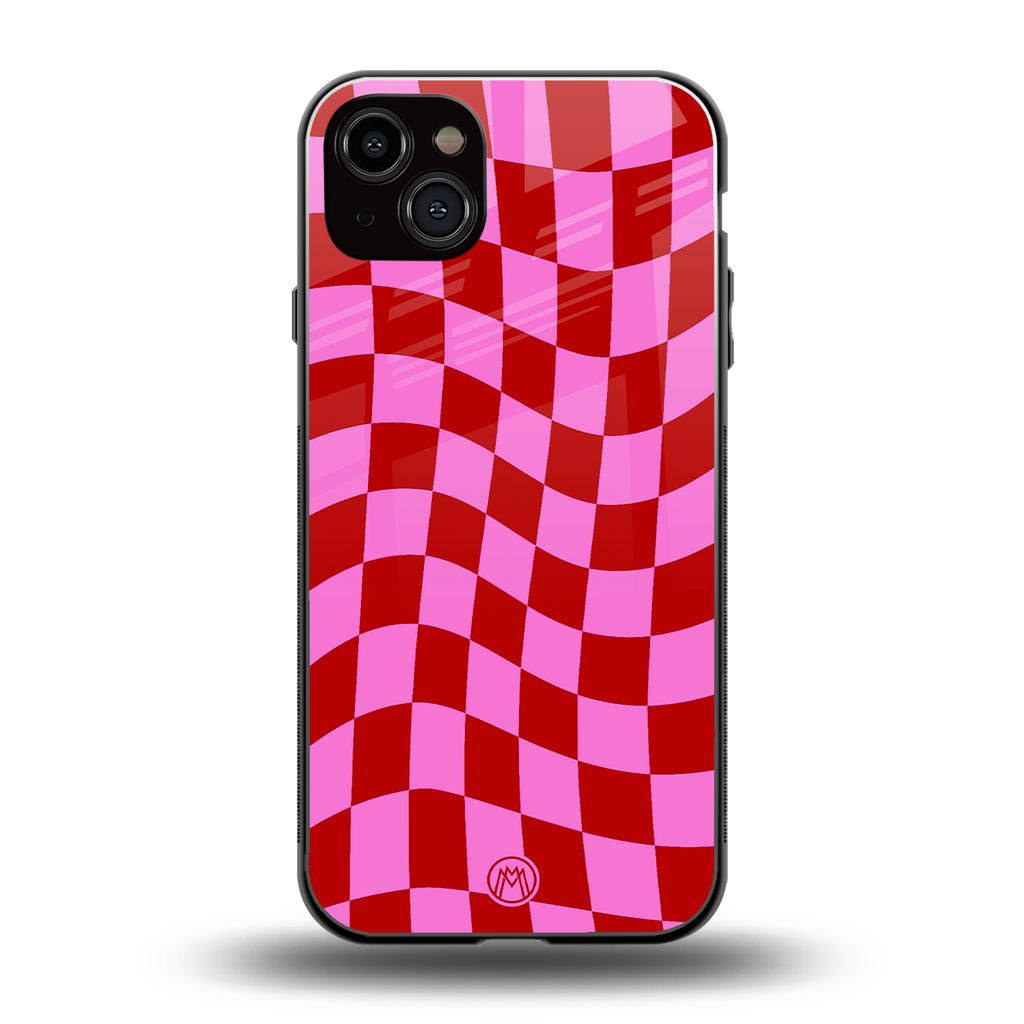 red pink trippy check pattern back phone cover | glass case for iphone 15 plus