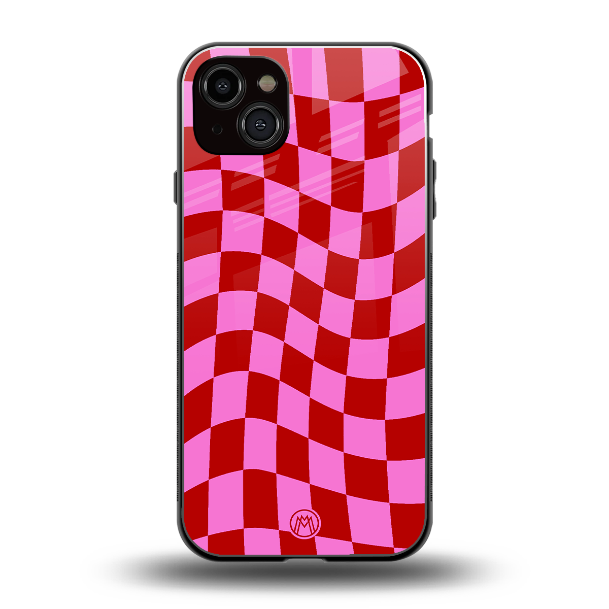red pink trippy check pattern back phone cover | glass case for iphone 15 plus