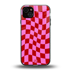 red pink trippy check pattern back phone cover | glass case for iphone 14 plus