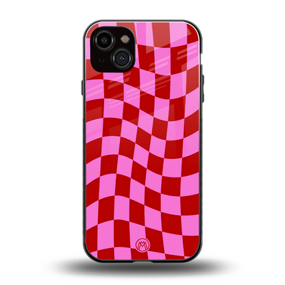 red pink trippy check pattern back phone cover | glass case for iphone 14 plus