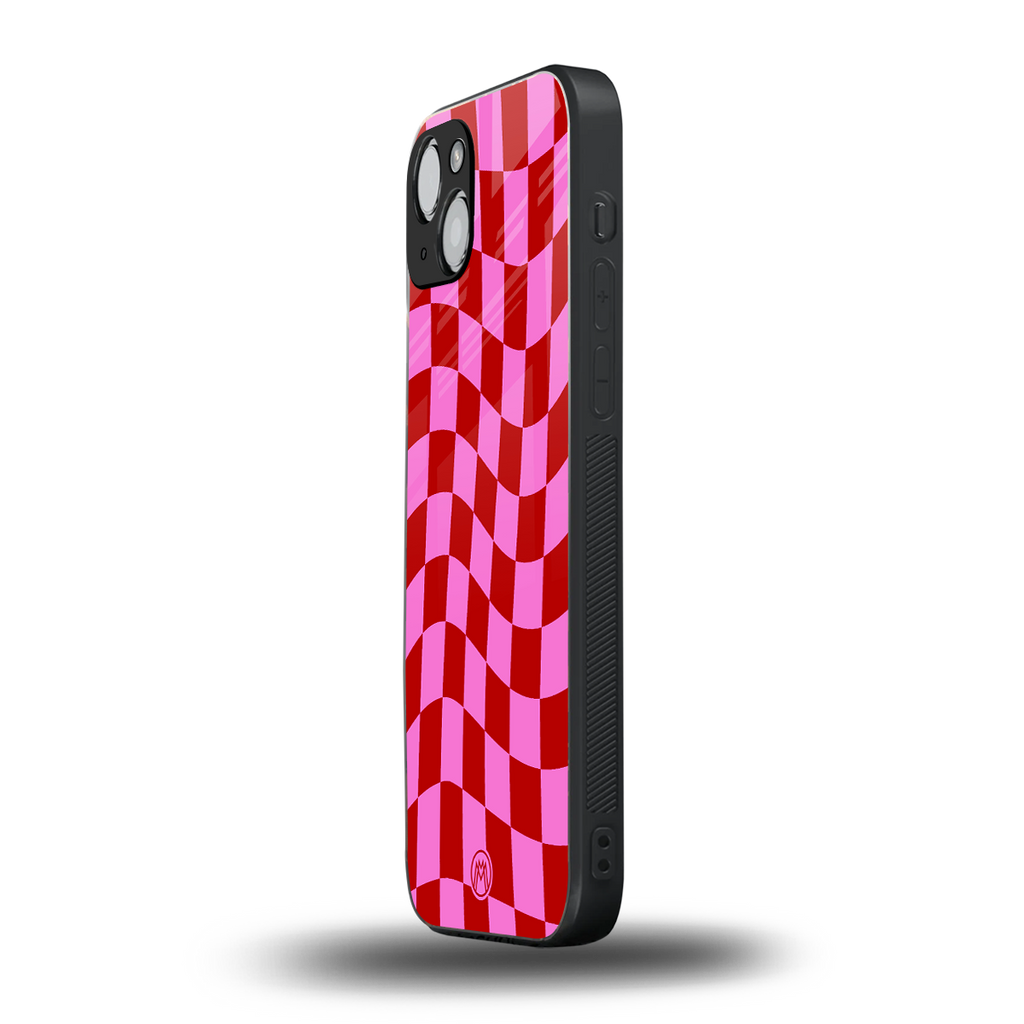 red pink trippy check pattern back phone cover | glass case for iphone 14 plus