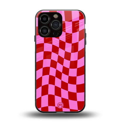 red pink trippy check pattern back phone cover | glass case for iphone 14 pro max