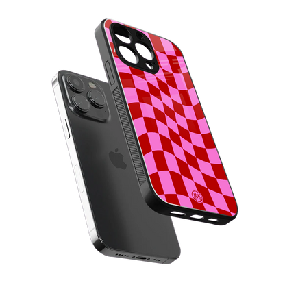 red pink trippy check pattern back phone cover | glass case for iphone 14 pro max