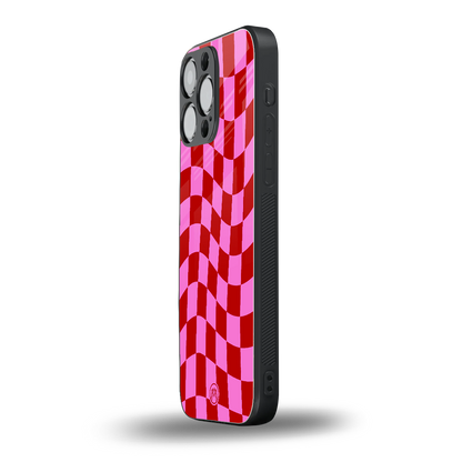 red pink trippy check pattern back phone cover | glass case for iphone 14 pro max