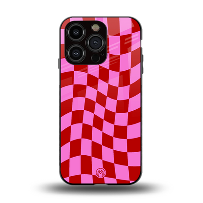 red pink trippy check pattern back phone cover | glass case for iphone 14 pro