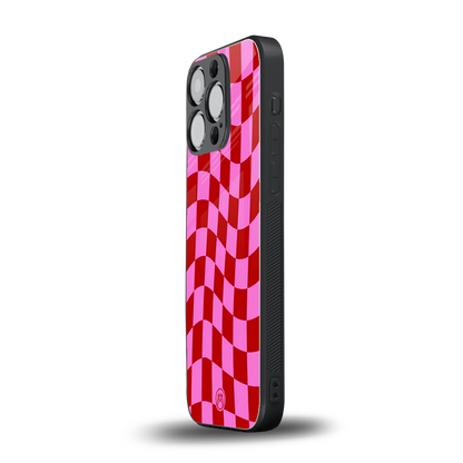red pink trippy check pattern back phone cover | glass case for iphone 14 pro