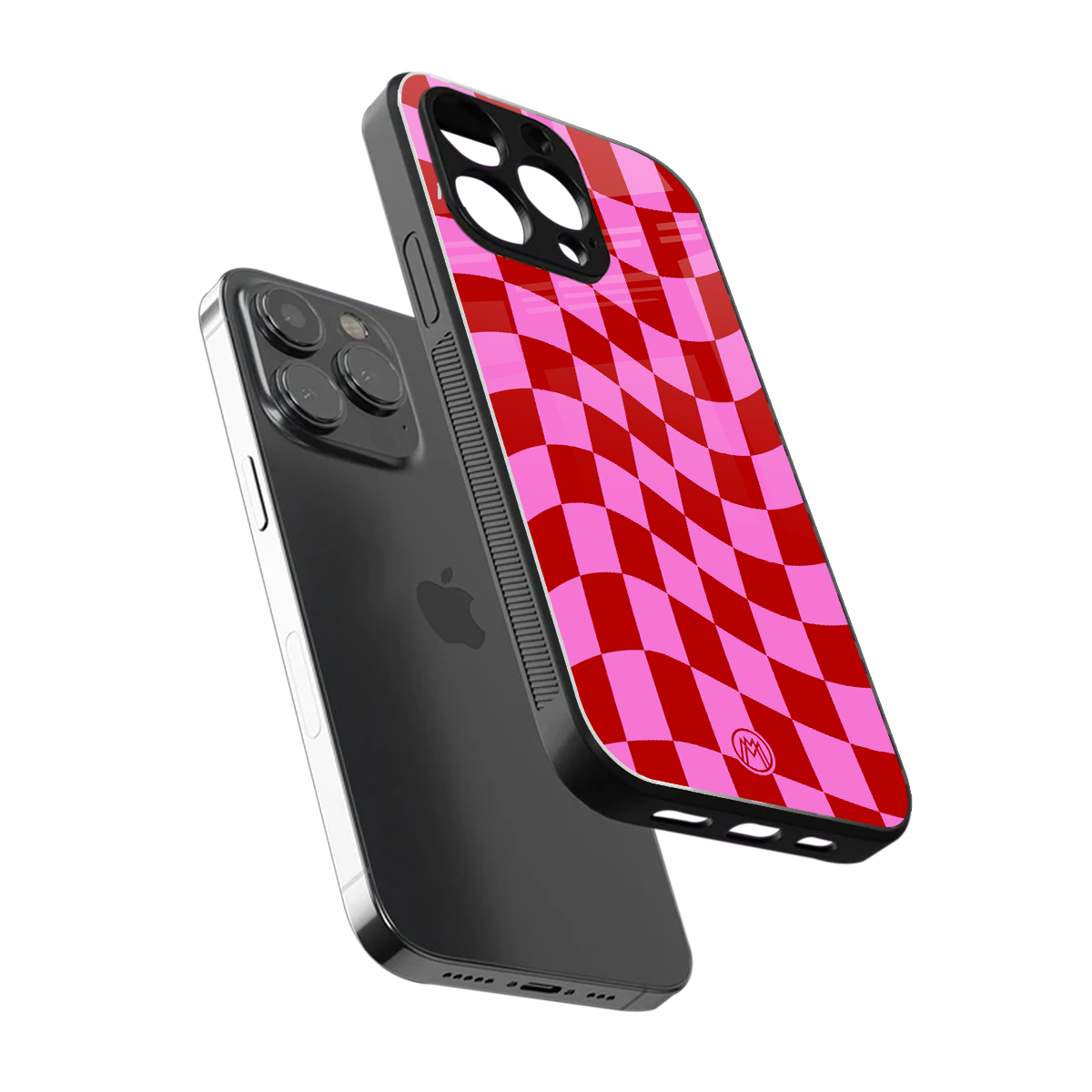 red pink trippy check pattern back phone cover | glass case for iphone 15 pro