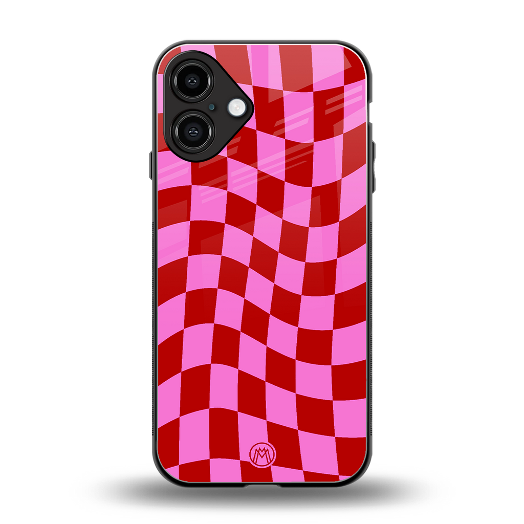red pink trippy check pattern back phone cover | glass case for iphone 16 plus