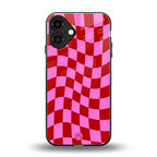 red pink trippy check pattern back phone cover | glass case for iphone 16 plus