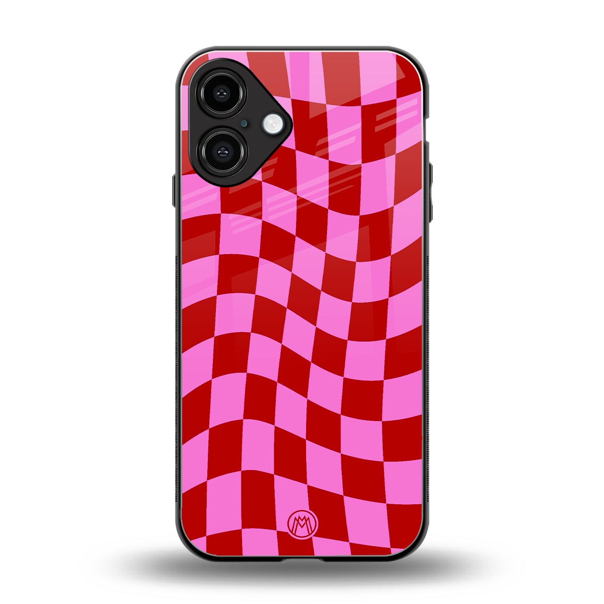 red pink trippy check pattern back phone cover | glass case for iphone 16 plus