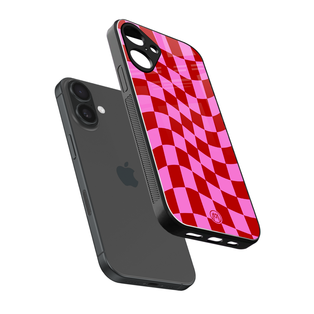 red pink trippy check pattern back phone cover | glass case for iphone 16 plus