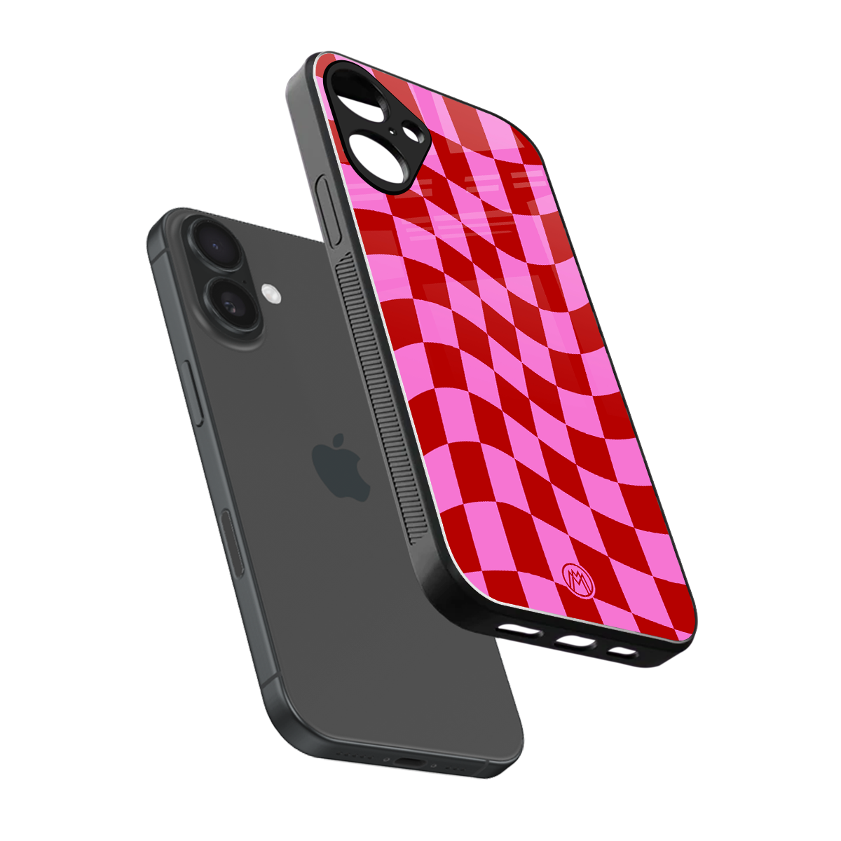 red pink trippy check pattern back phone cover | glass case for iphone 16 plus
