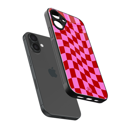 red pink trippy check pattern back phone cover | glass case for iphone 16 plus