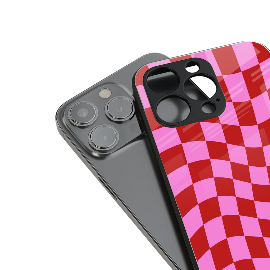 red pink trippy check pattern back phone cover | glass case for iphone 13 pro