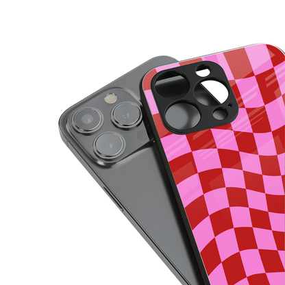 red pink trippy check pattern back phone cover | glass case for iphone 13 pro max