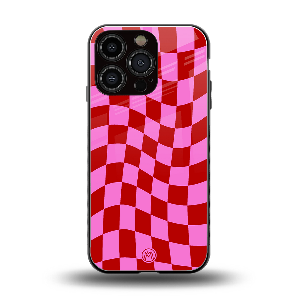 red pink trippy check pattern back phone cover | glass case for iphone 16 pro