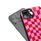 red pink trippy check pattern back phone cover | glass case for iphone 16 plus