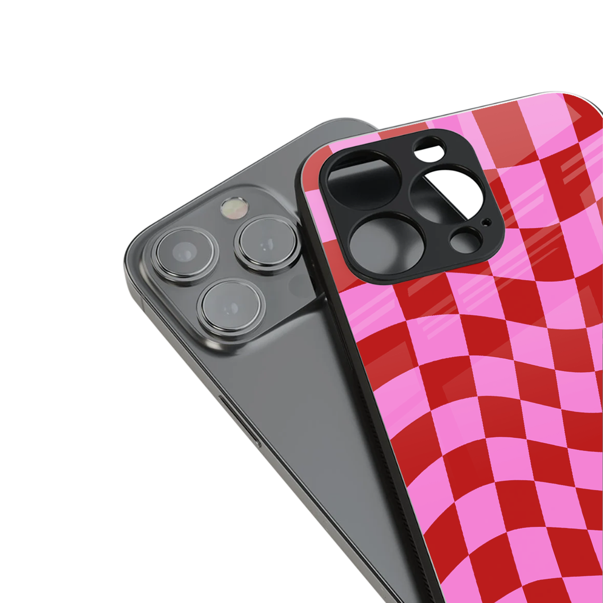 red pink trippy check pattern back phone cover | glass case for iphone 14 plus