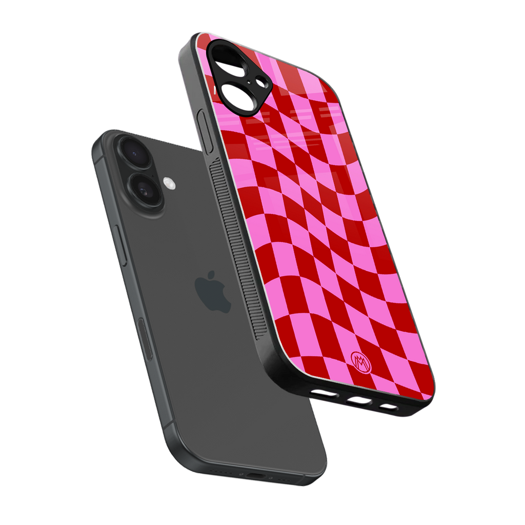 red pink trippy check pattern back phone cover | glass case for iphone 16