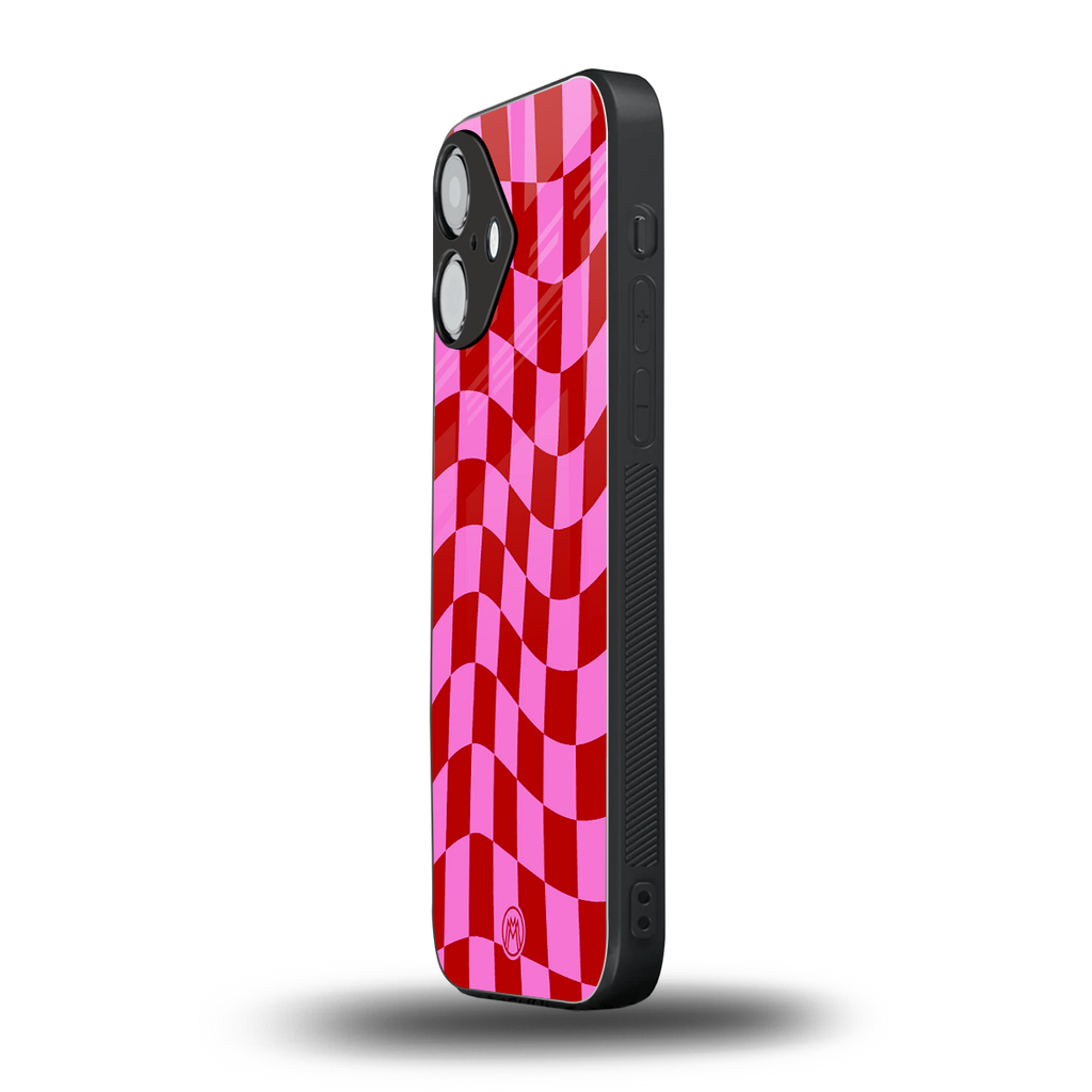 red pink trippy check pattern back phone cover | glass case for iphone 16