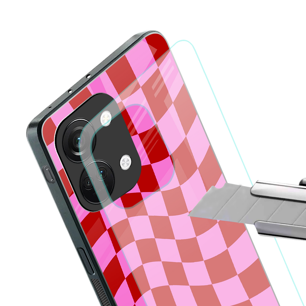 red pink trippy check pattern back phone cover | glass case for oneplus nord 3